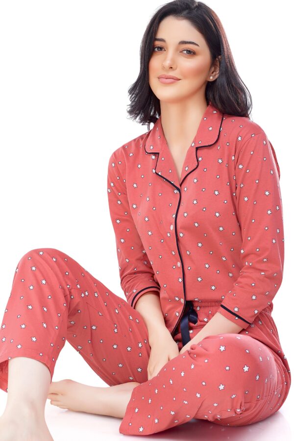 Women's Cotton Brown Star Printed Stylish Night Suit Set