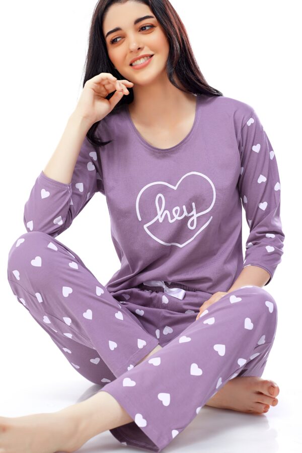 Women's Cotton Purple Heart Printed Stylish Night Suit Set