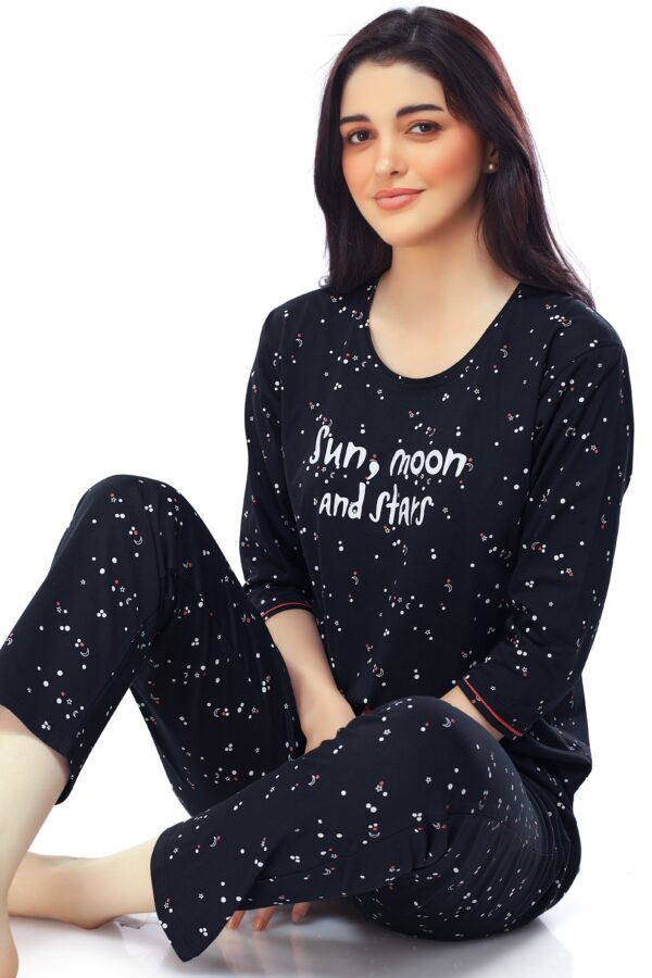 Women's Cotton Navy Blue Star & Moon Printed Stylish Night Suit Set