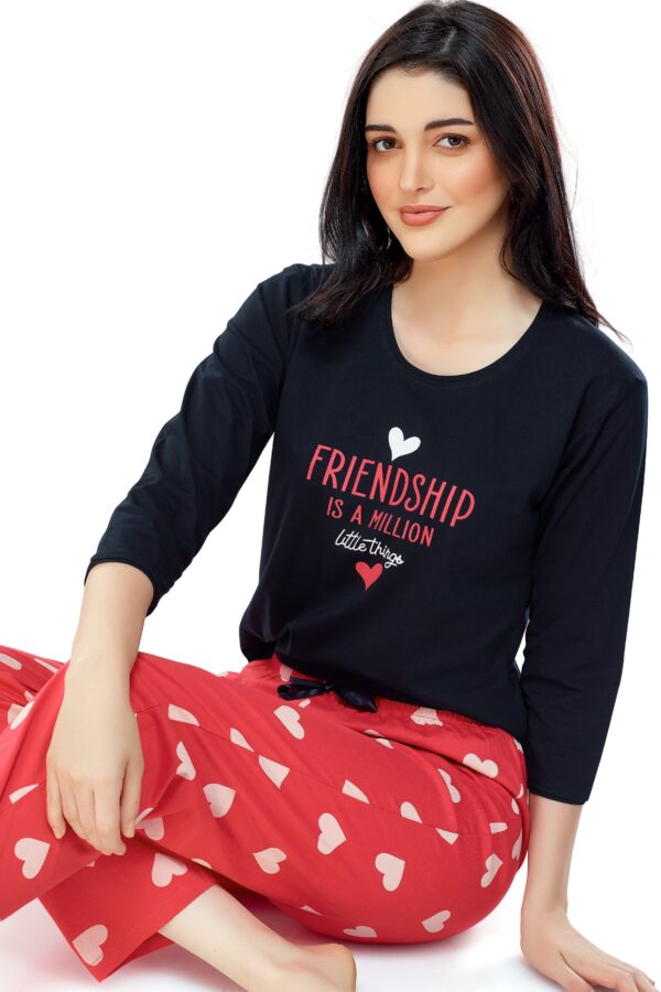 Women's Cotton Navy Blue Heart Printed Stylish Night Suit Set