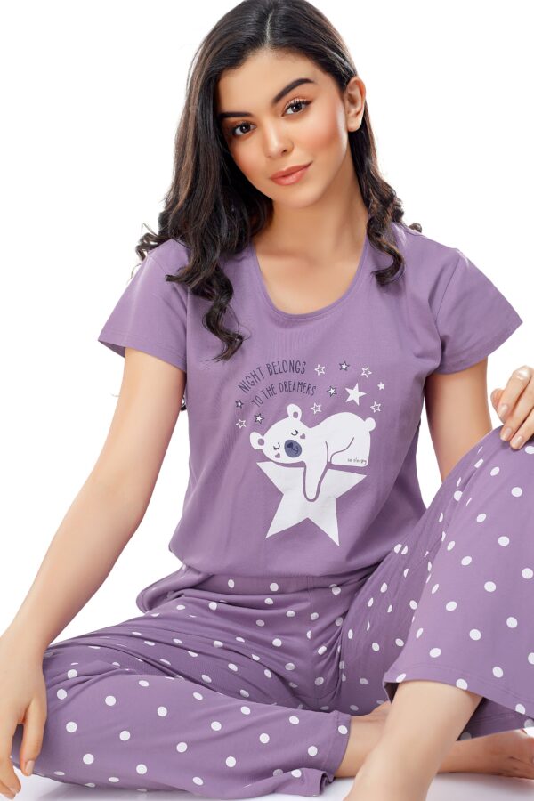 Women's Cotton Purple Polka Dot Printed Stylish Night Suit