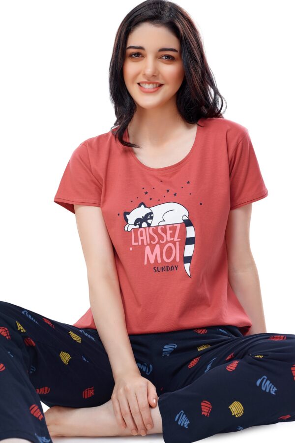 Women's Cotton Brown Cat Printed Stylish Night Suit