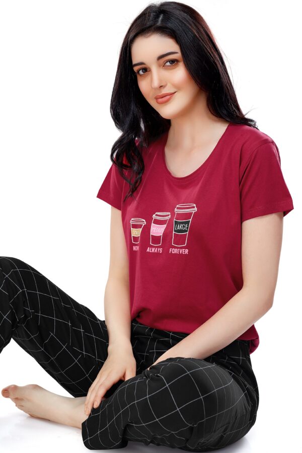 Women's Cotton Red Checked Printed Stylish Night Suit Set