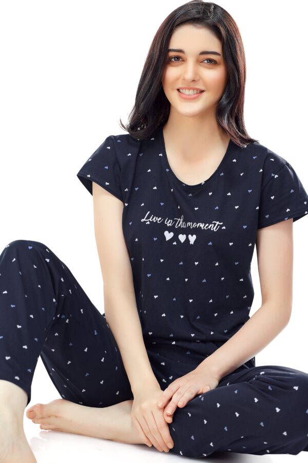 Women's Cotton Navy Blue Heart Printed Stylish Night Suit Set