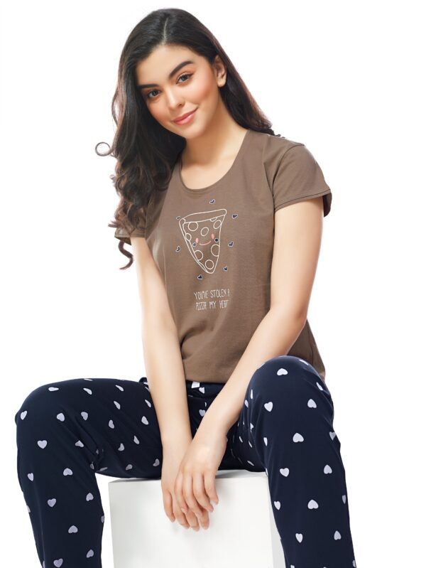 Women's Cotton Brown Heart Printed Stylish Night Suit Set