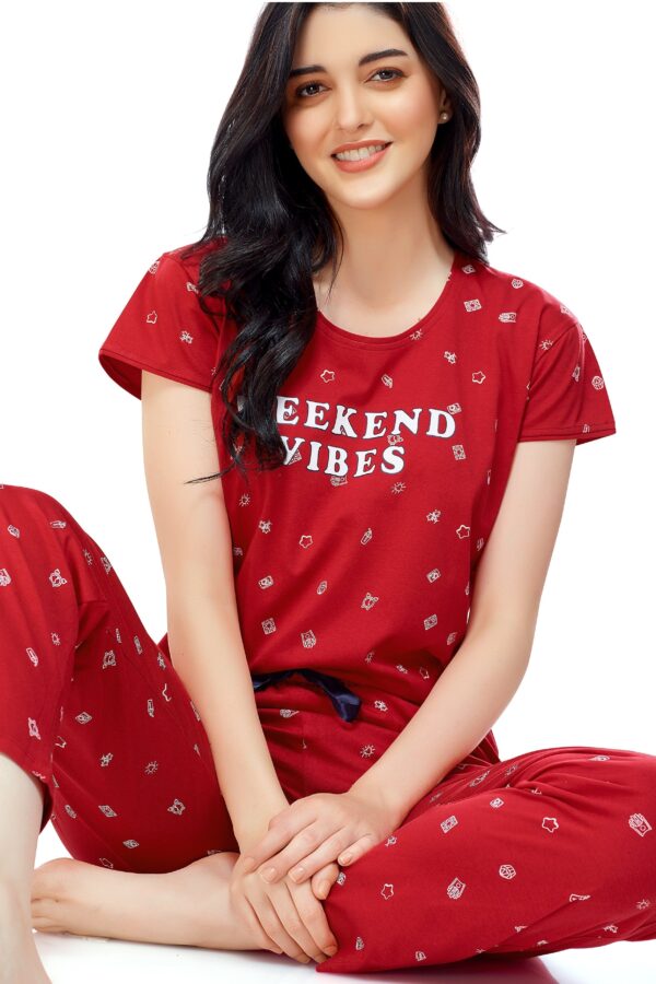 Women's Cotton Red Printed Stylish Night Suit Set