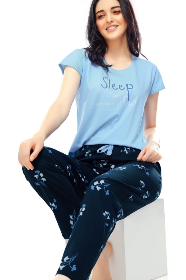 Women's Cotton Blue Floral Printed Stylish Night Suit Set