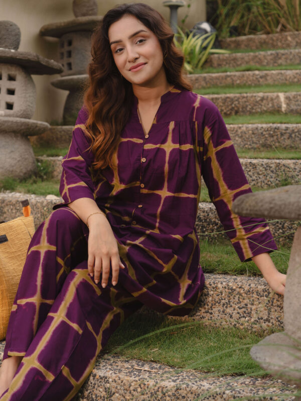 Womens Cotton Purple Checked Printed Kurta Set