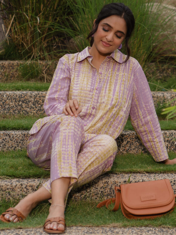 Womens Cotton Lavender Tie-Dye Printed Kurta Set