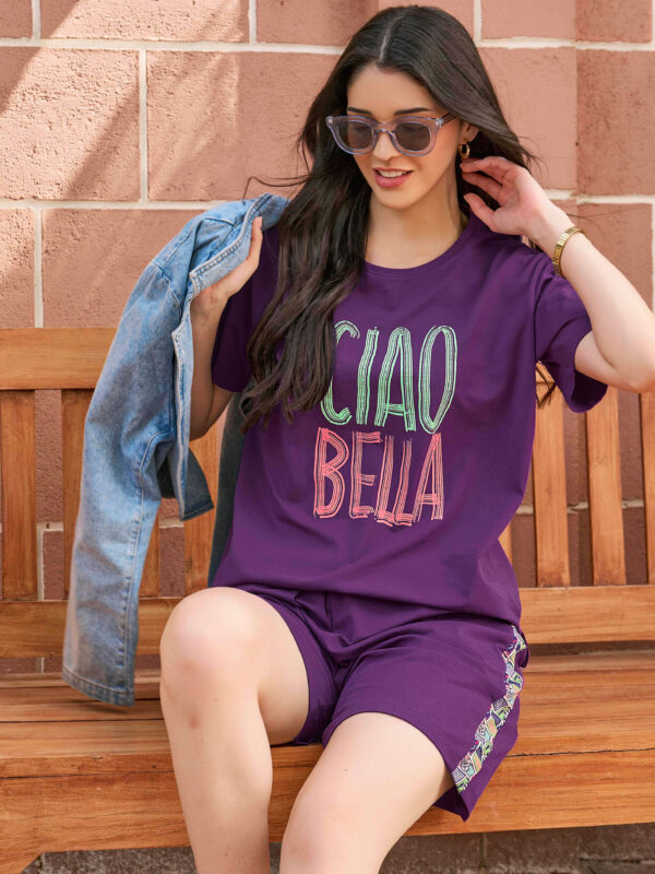 Women's Purple Typography Printed Cotton Night Dress of Top and Shorts