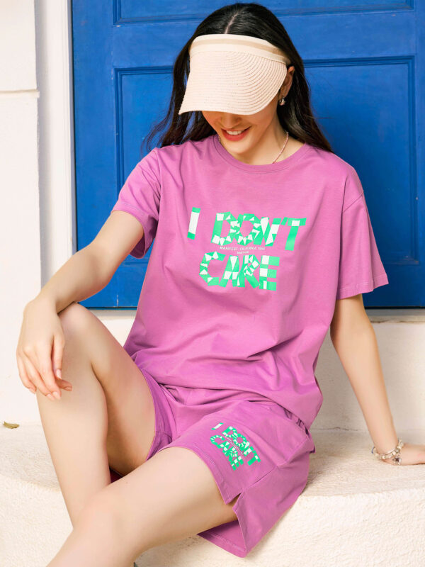 Women's Pink Typography Printed Cotton Night Dress of Top and Shorts