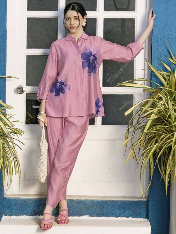 Women's Pink Floral Printed Viscos Night Dress of Shirt and Pajama Set