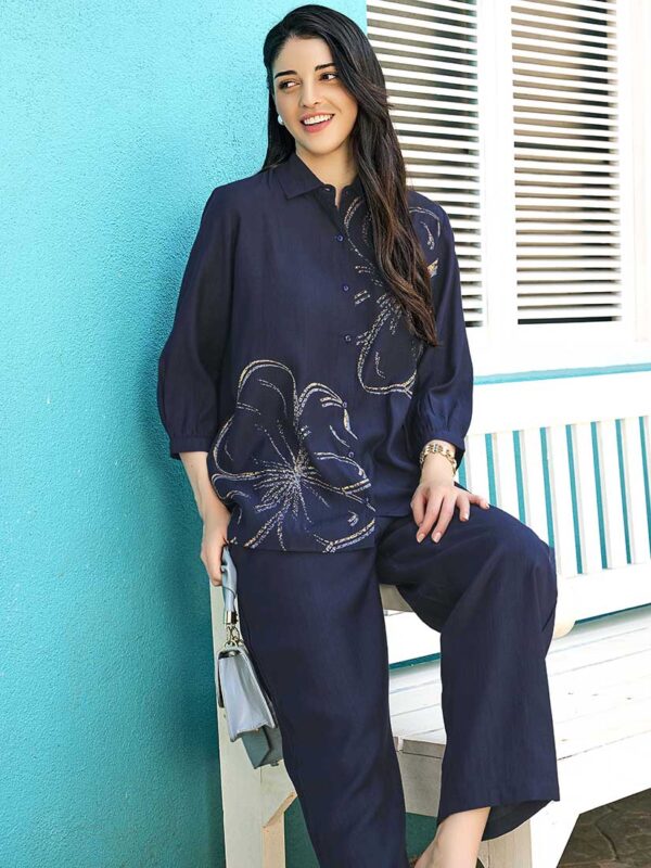 Women's Navy Blue Floral Printed Viscos Night Dress of Shirt and Pajama Set