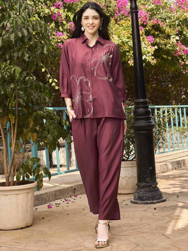 Women's Purple Floral Printed Viscos Night Dress of Shirt and Pajama Set