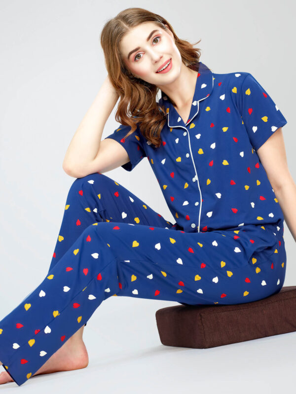 Women's Blue Heart Printed Cotton Night Dress of Shirt and Pajama set