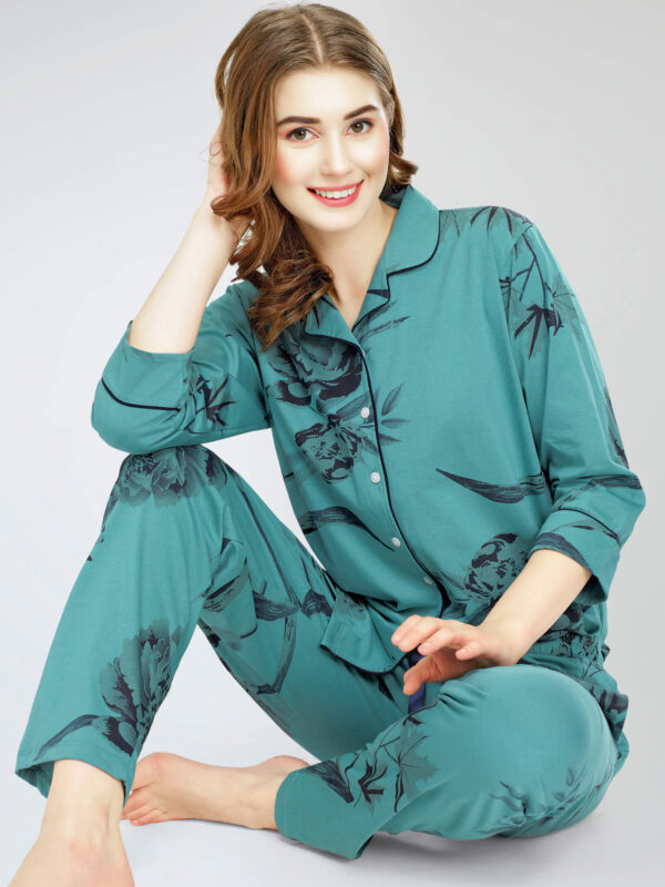 Women's Sea Green Floral Printed Cotton Night Dress of Shirt and Pajama set