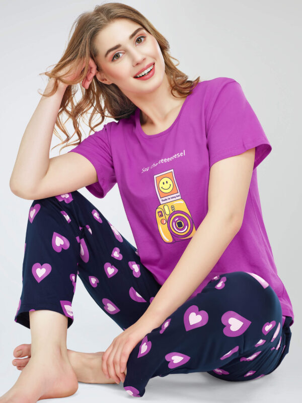 Women's Pink Heart Printed Cotton Night Dress of Top and Pajama set