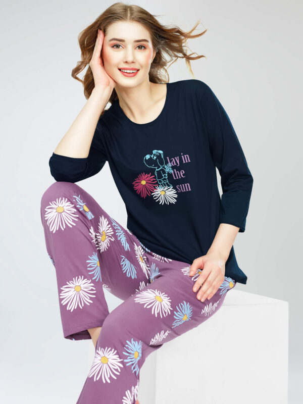 Women's Navy Blue Floral Printed Cotton Night Dress of Top and Pajama set