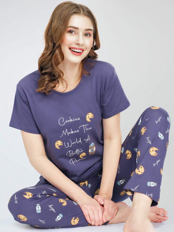 Women's Blue Cookies & Cup Printed Cotton Night Dress of Top and Pajama set