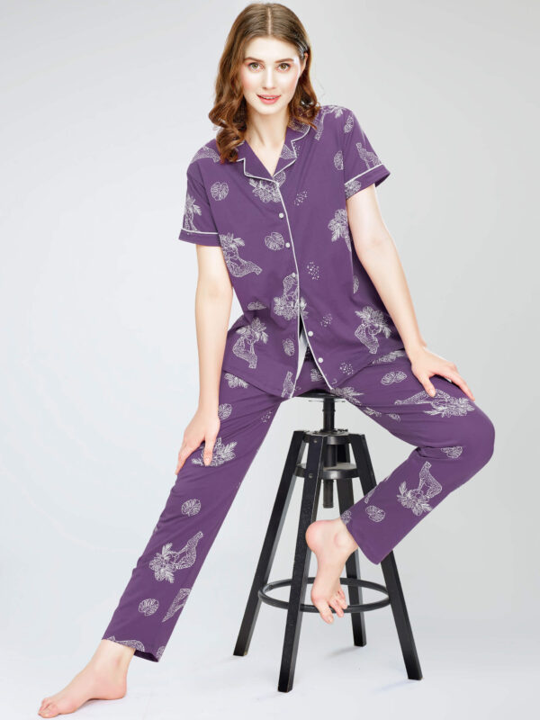 Women's Violet Floral & Cheetah Printed Cotton Night Dress of Shirt and Pajama set