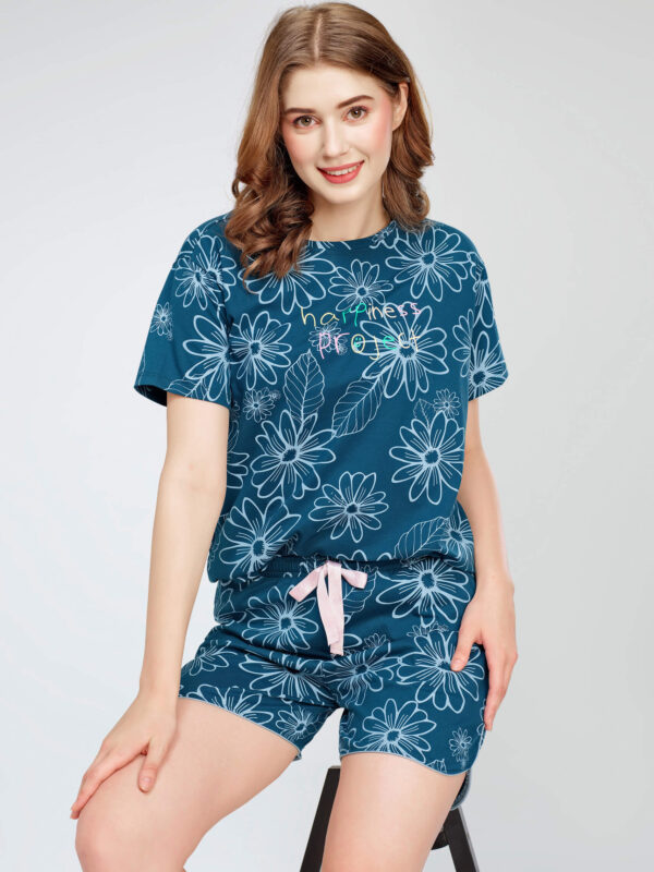 Women's Teal Blue Floral Printed Cotton Night Dress of Top and Short's set