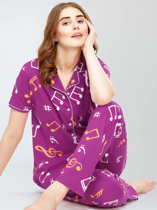 Women's Purple Musical Note's Printed Cotton Night Dress of Shirt and Pajama set