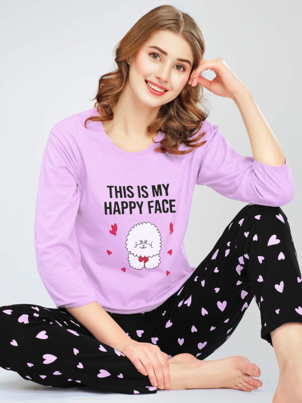 Women's Pink Heart Printed Cotton Night Dress of Top and Pajama set