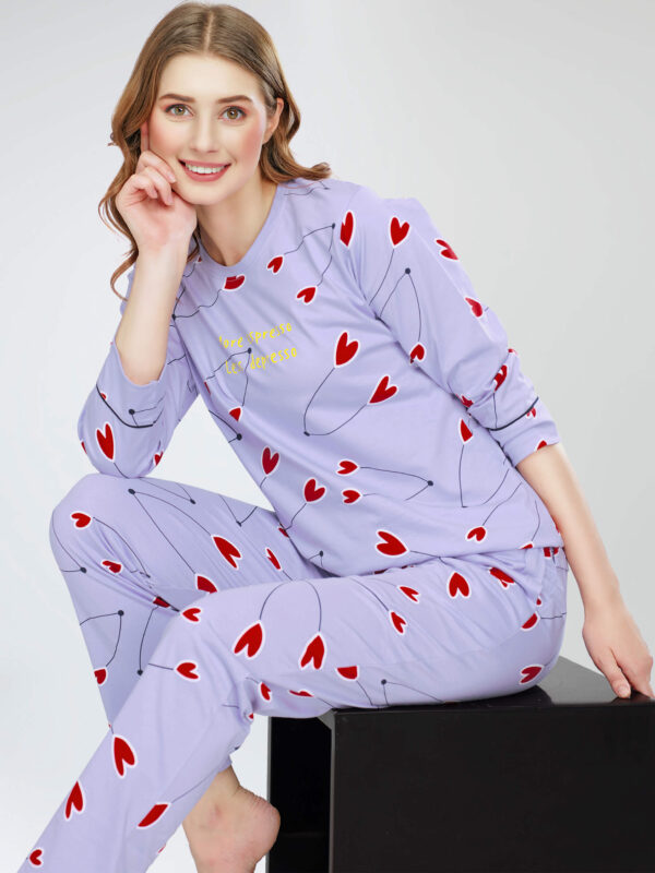 Women's Lavender Heart Printed Cotton Night Dress of Top and Pajama set