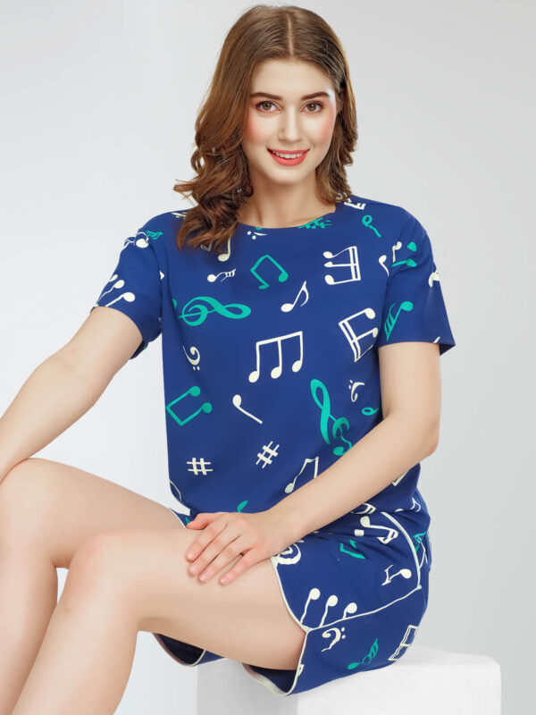 Women's Blue Musical Note's Printed Cotton Night Dress of Top and Short's set