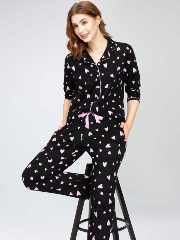 Women's Black Heart Printed Cotton Night Dress of Shirt and Pajama set