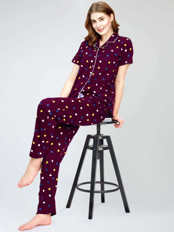 Women's Wine Berry Heart Printed Cotton Night Dress of Shirt and Pajama set