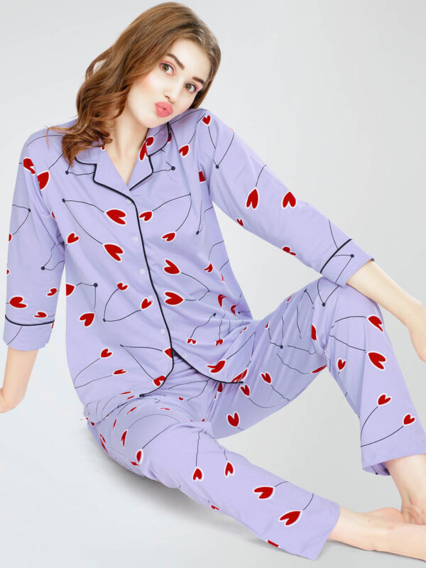 Women's Lavender Heart Printed Cotton Night Dress of Shirt and Pajama set