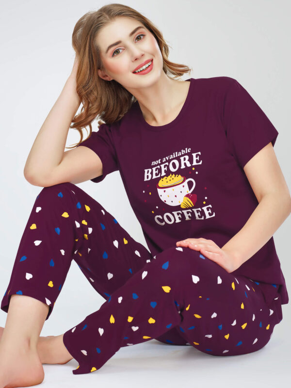 Women's Wine Berry Heart Printed Cotton Night Dress of Top and Pajama set