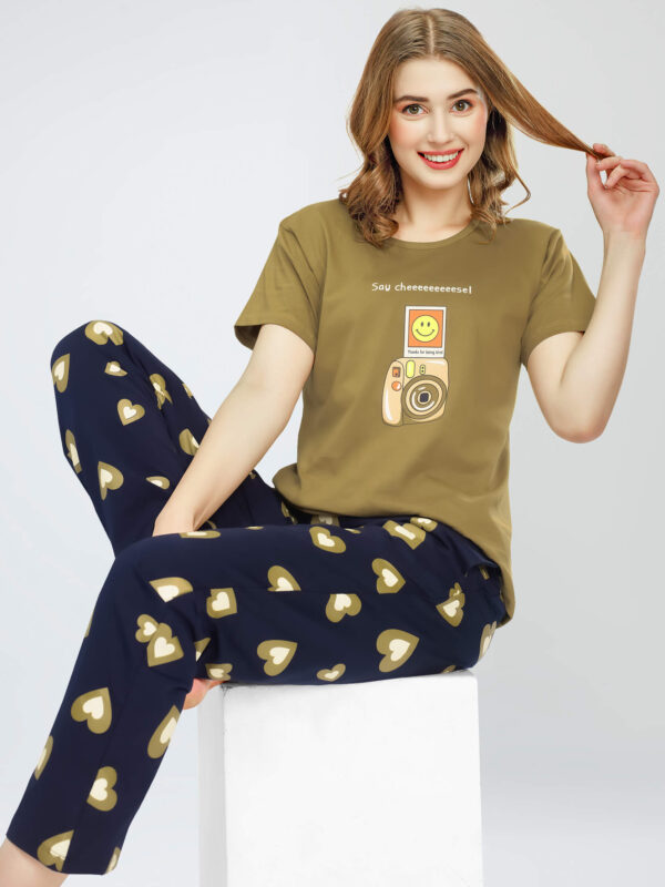 Women's Mustard Green Heart Printed Cotton Night Dress of Top and Pajama set