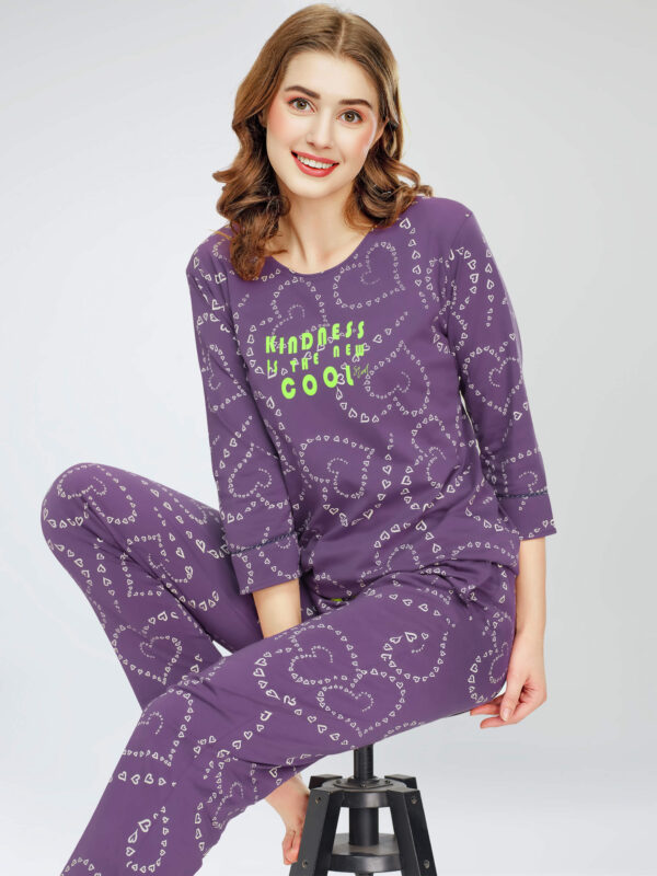 Women's Violet Heart Printed Cotton Night Dress of Top and Pajama set