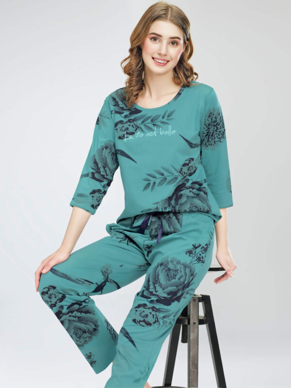 Women's Sea Green Floral Printed Cotton Night Dress of Top and Pajama set