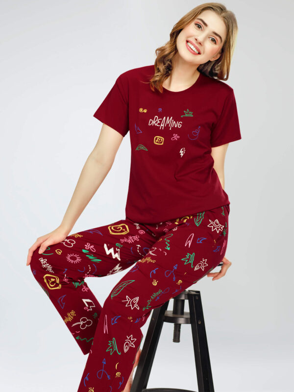 Women's Maroon Printed Cotton Night Dress of Top and Pajama set