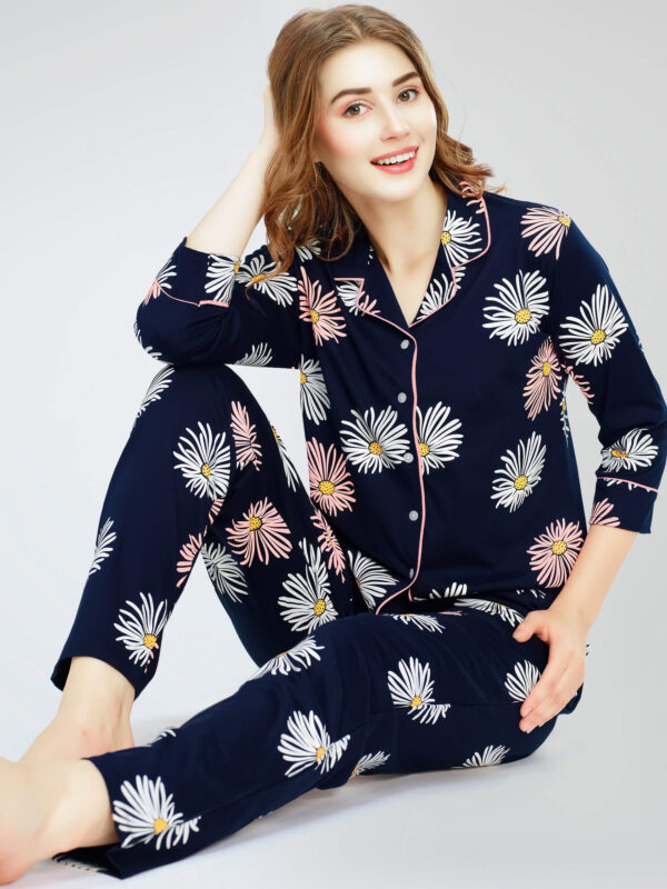 Women's Navy Blue Floral Printed Cotton Night Dress of Shirt and Pajama set